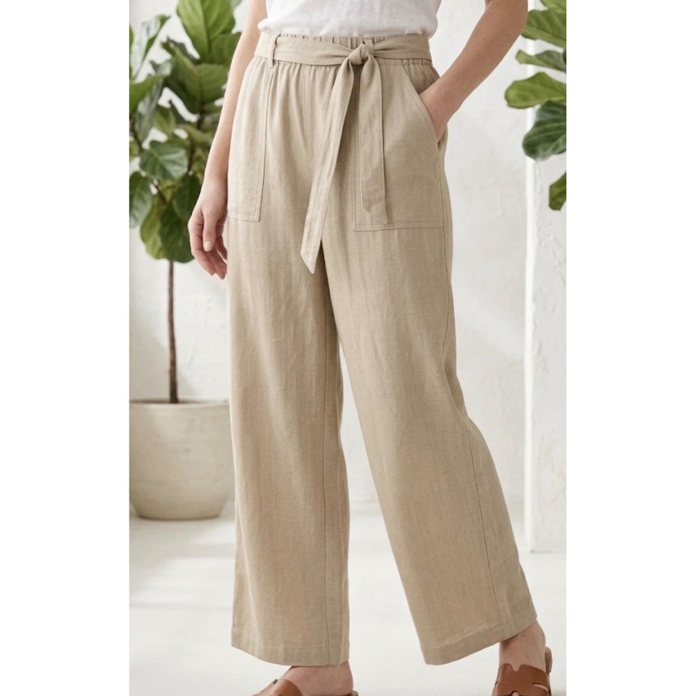 Coldwater Creek Tan Linen Blend Wide Leg Tie Waist Pants Women's L 14P Coastal